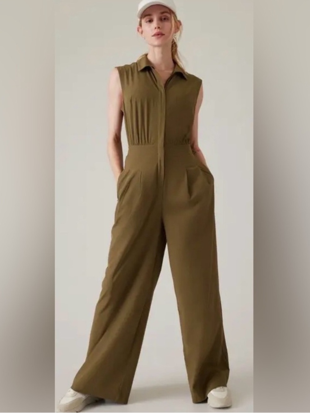 ATHLETA Brooklyn Heights Wide Leg Jumpsuit Khaki Green Size 10